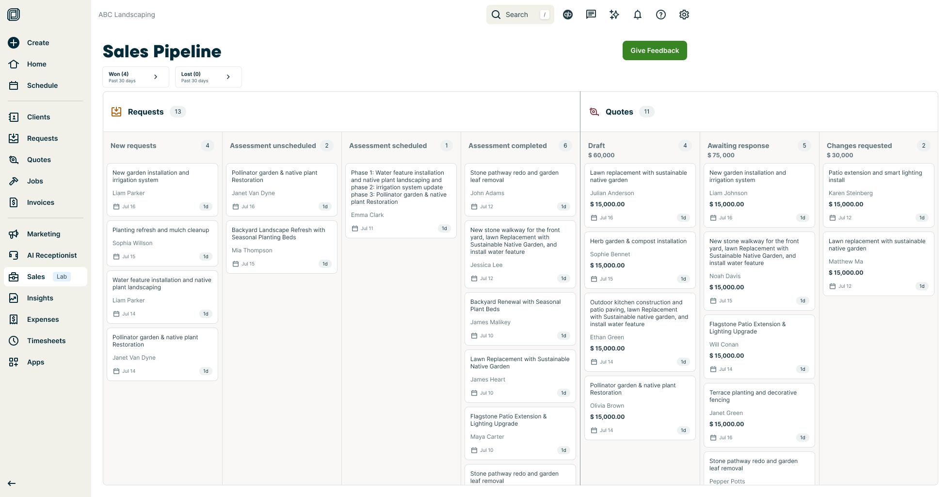 Jobber dashboard — Client Request pipeline