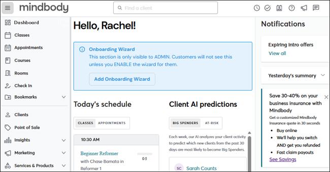 Mindbody dashboard — new client intake